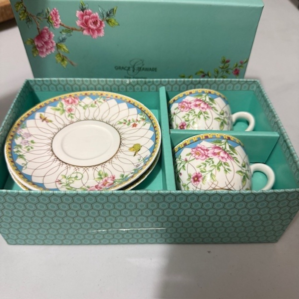Grace's Teaware Fine Porcelain Espresso Cup & Saucer Set Floral Butterfly
